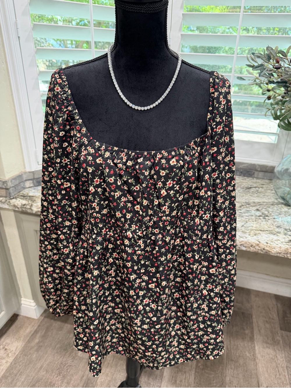 BloomChic Black Floral Square-Neck Long Sleeve Dress